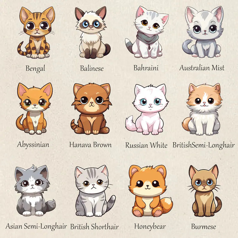 100 Cute Cats Clipart Bundle: Kitten & Cat Breeds PNG for Sublimation