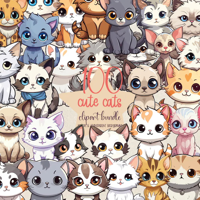 100 Cute Cats Clipart Bundle: Kitten & Cat Breeds PNG for Sublimation