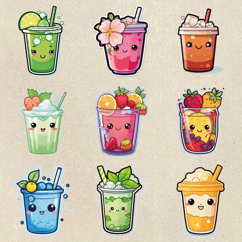 100 Kawaii Drinks PNG Bundle: Adorable Drink Stickers & Clipart for Sublimation