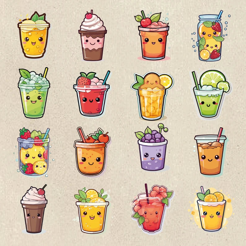 100 Kawaii Drinks PNG Bundle: Adorable Drink Stickers & Clipart for Sublimation