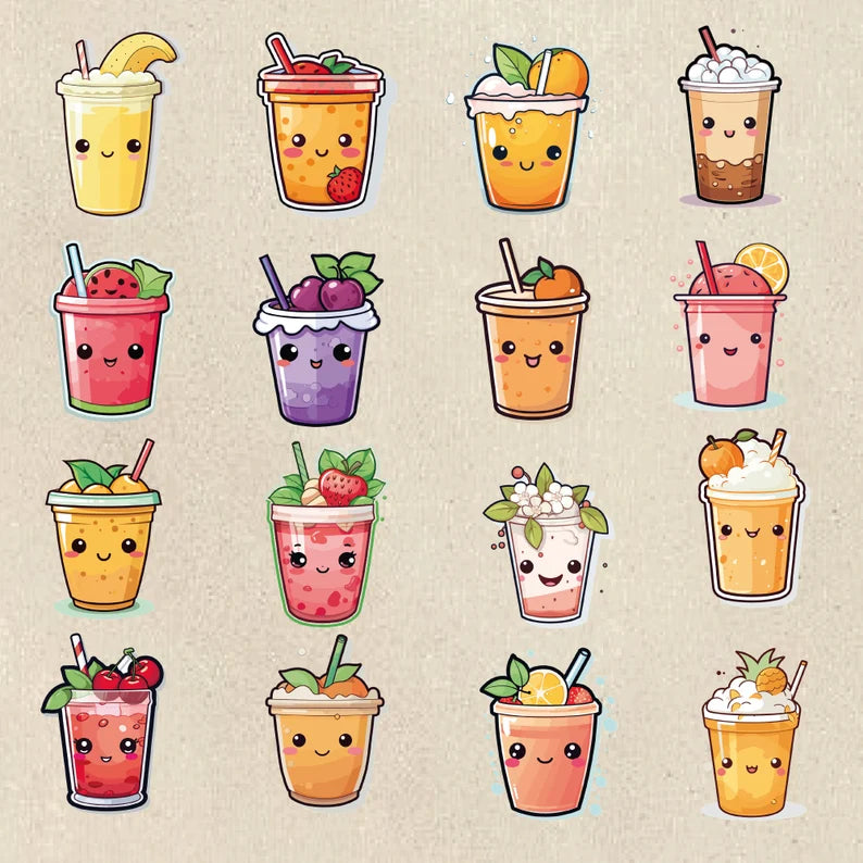 100 Kawaii Drinks PNG Bundle: Adorable Drink Stickers & Clipart for Sublimation