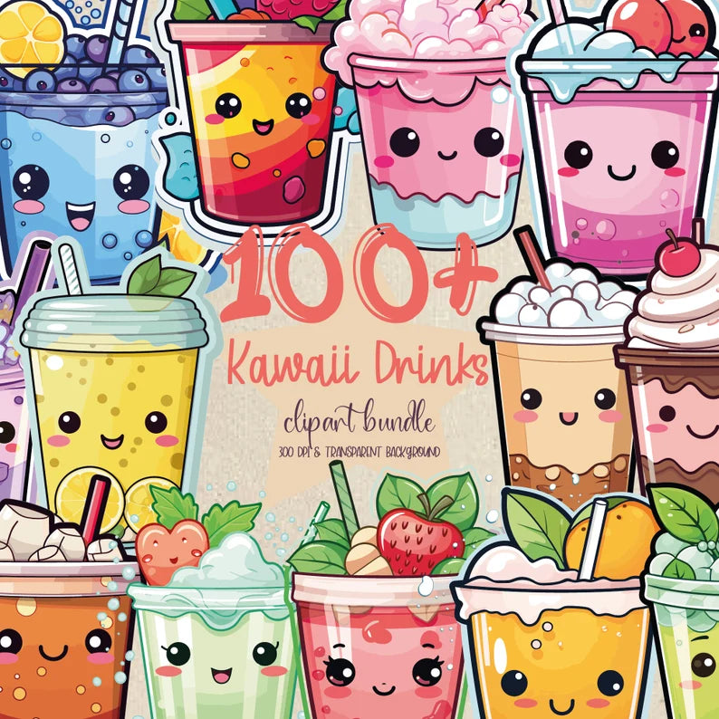 100 Kawaii Drinks PNG Bundle: Adorable Drink Stickers & Clipart for Sublimation