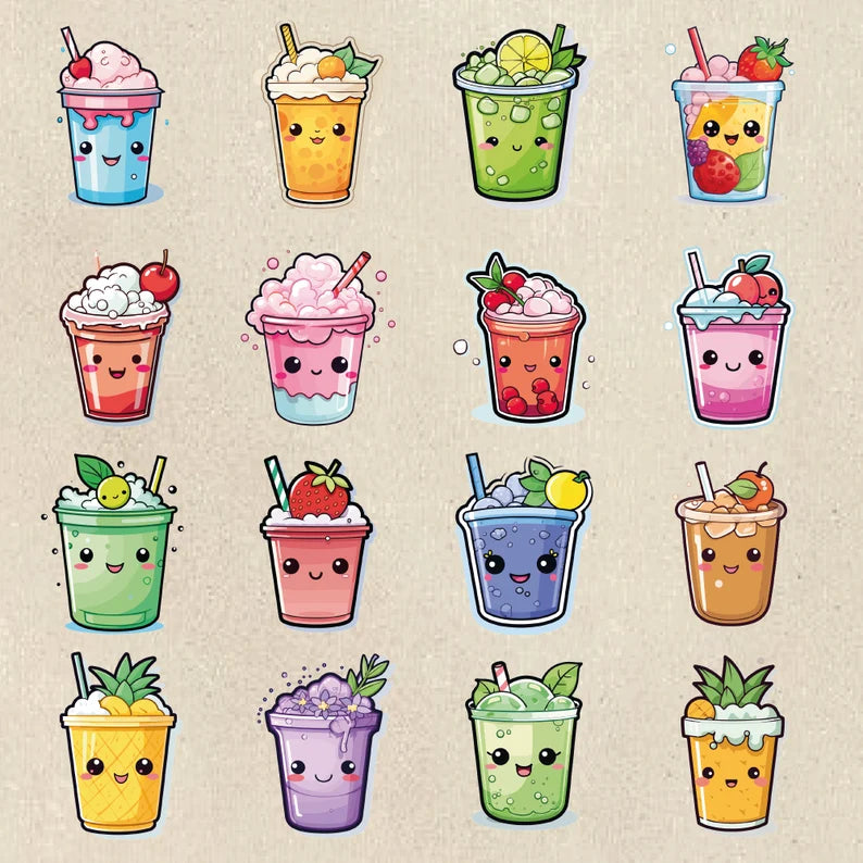 100 Kawaii Drinks PNG Bundle: Adorable Drink Stickers & Clipart for Sublimation