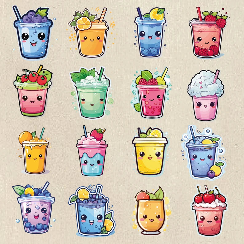 100 Kawaii Drinks PNG Bundle: Adorable Drink Stickers & Clipart for Sublimation