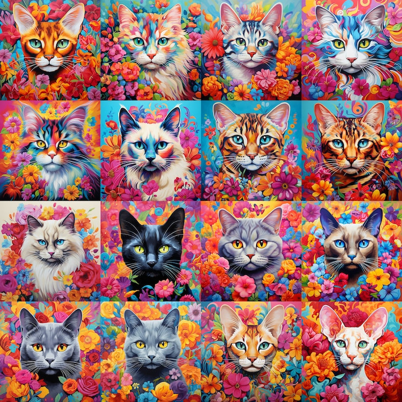 100+ Colorful Floral Cats PNG Bundle: Cat Breed Illustrations for Sublimation