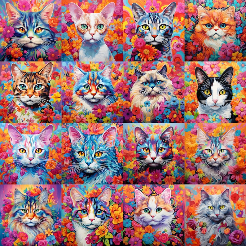 100+ Colorful Floral Cats PNG Bundle: Cat Breed Illustrations for Sublimation