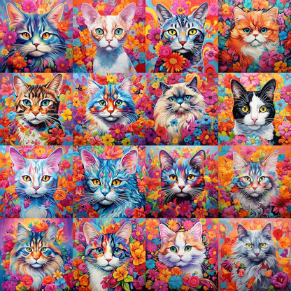 100+ Colorful Floral Cats PNG Bundle: Cat Breed Illustrations for Sublimation