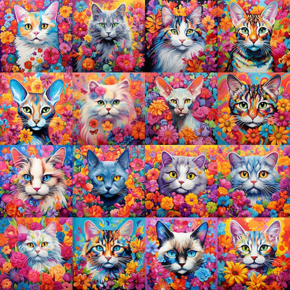 100+ Colorful Floral Cats PNG Bundle: Cat Breed Illustrations for Sublimation