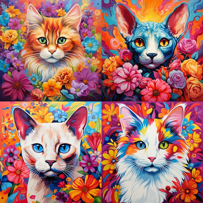 100+ Colorful Floral Cats PNG Bundle: Cat Breed Illustrations for Sublimation