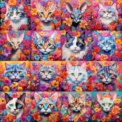 100+ Colorful Floral Cats PNG Bundle: Cat Breed Illustrations for Sublimation