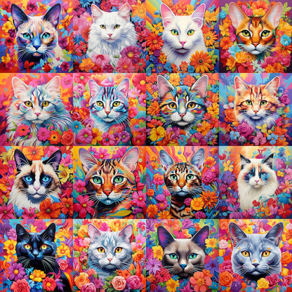 100+ Colorful Floral Cats PNG Bundle: Cat Breed Illustrations for Sublimation