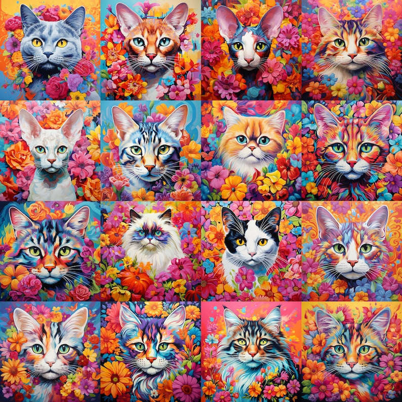 100+ Colorful Floral Cats PNG Bundle: Cat Breed Illustrations for Sublimation