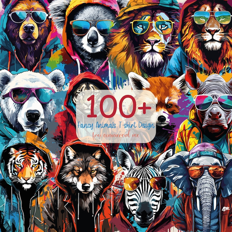 100+ Fancy Animals T-Shirt Design Bundle: Cool Animal PNGs for Sublimation